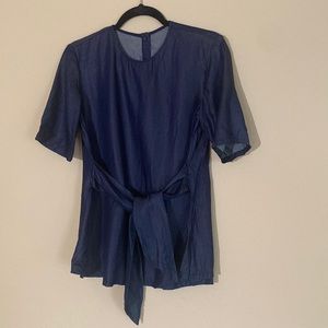 Amour Vert one of a kind sample short sleeve navy white pindot small tie waist